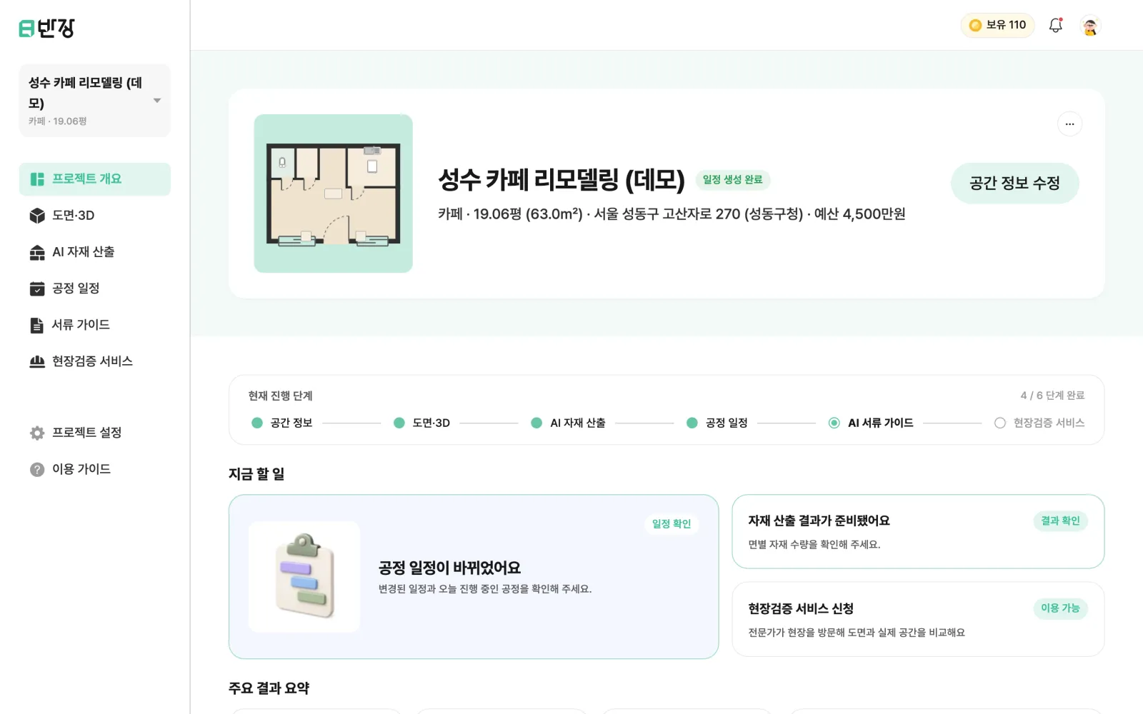 반장 프로젝트 개요 화면. 6단계 진행 상황과 지금 할 일이 보인다